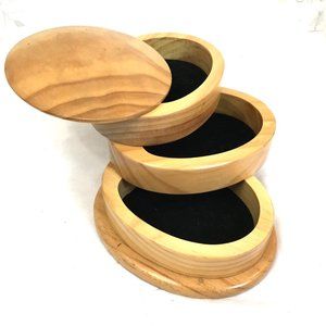 * Jewelry Swivel 3 drawer Trinket Oval Wood Box  7" x 4.5"  VTG